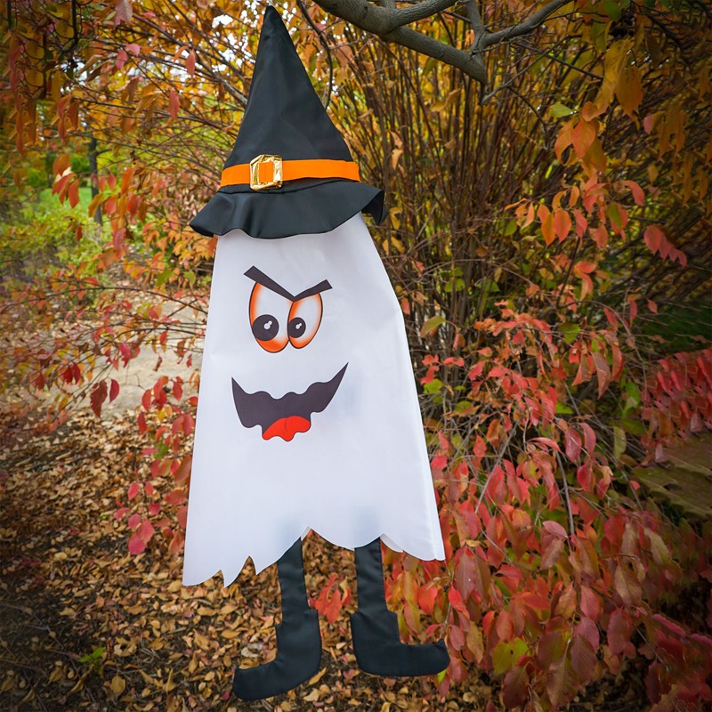 Ghost 3D Cone Windsock staged outdoors, swaying in the breeze as part of festive Halloween decor.