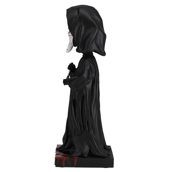 Ghost Face Blood Splatter Bobblehead, 8 inches tall, showcasing a detailed mask with realistic blood splatter effects against a dark backdrop.