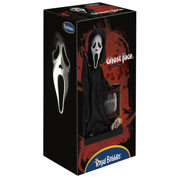 Ghost Face Bobblescape Bobblehead depicting Ghost Face with a bloodied knife, accompanied by a vintage tube TV displaying "Ghost Face Lives" for horror fans.