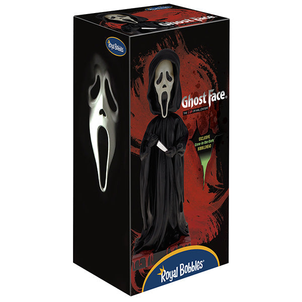 Ghost Face Glow in the Dark Bobblehead featuring the iconic masked character in a detailed design, glowing in a dark setting.