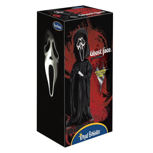 Ghost Face Silver Chrome Mask Bobblehead stands 8 inches tall with a glossy silver finish, showcasing intricate details and features typical of this iconic horror character.