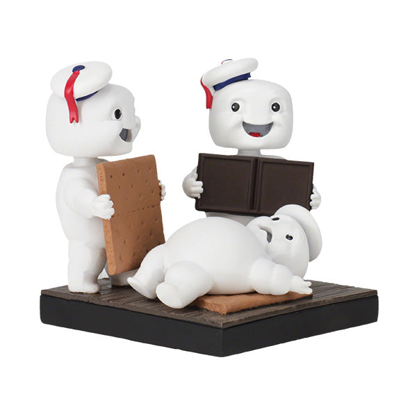 Ghostbusters Afterlife Mini-Pufts S'mores Bobblehead, featuring three adorable Mini-Pufts in dynamic poses holding s'mores, standing 4 inches tall.