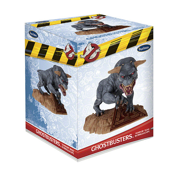 Ghostbusters Afterlife Terror Dog Bobblehead featuring menacing details like red eyes and sharp claws, displayed on a shelf with a colorful collector's box.