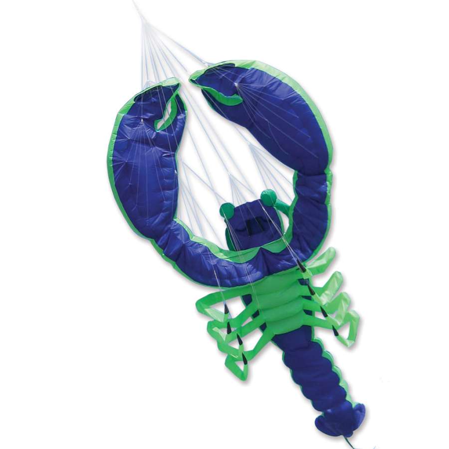 Giant Lobster Kite soaring high in a clear blue sky with eight bridled legs moving elegantly, showcasing its vibrant colors and unique design.
