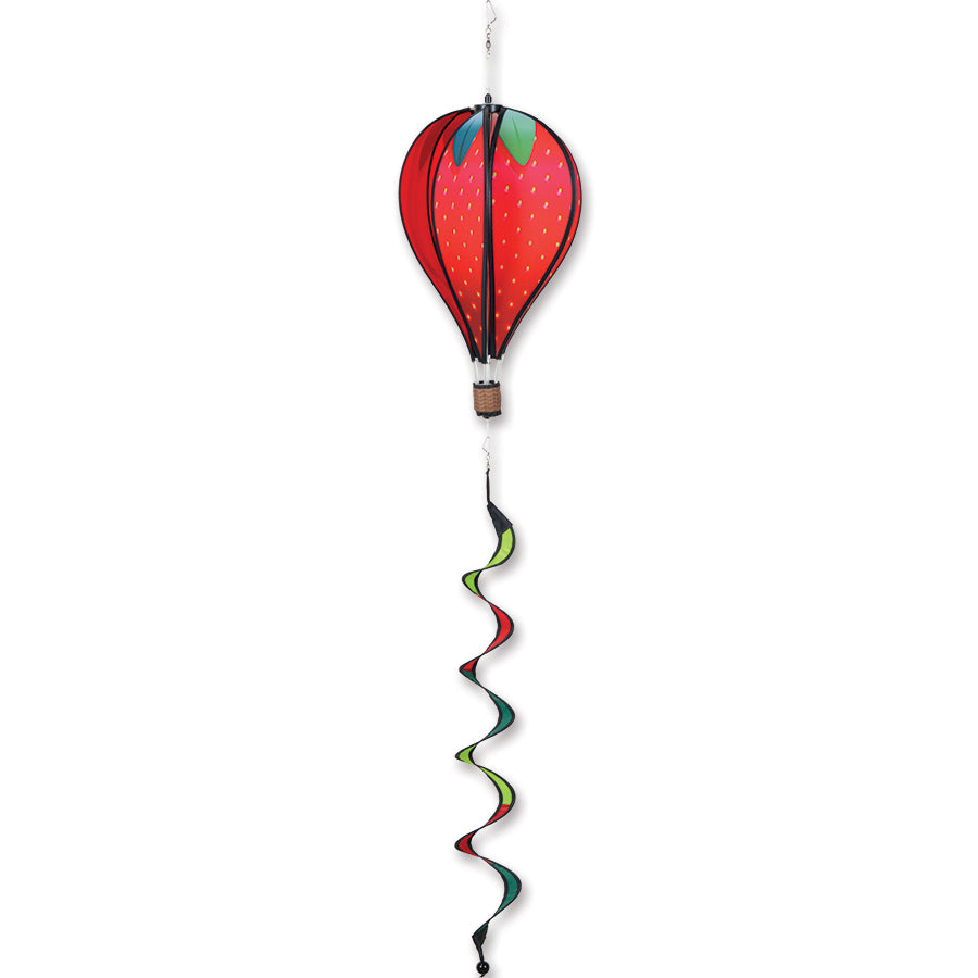 16 in. Hot Air Balloon in Giant Strawberry design spinning freely in a festive indoor setting, showcasing vibrant colors and a whimsical look.