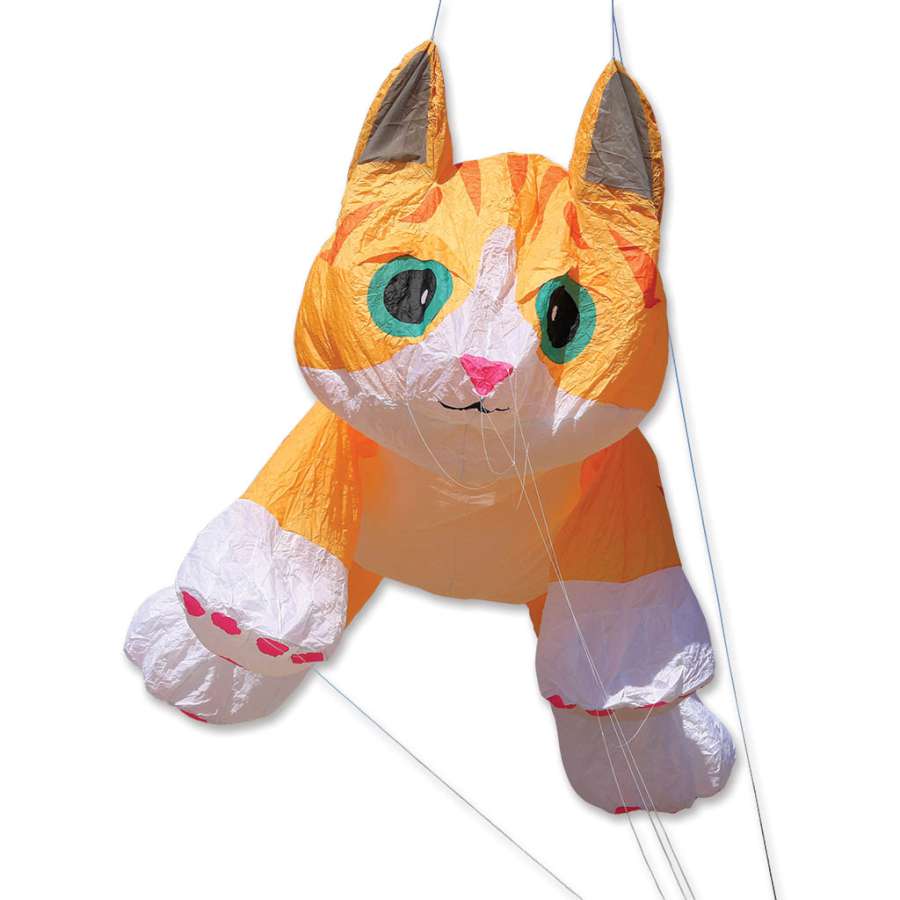 16 ft. Ginger Tabby Kitten kite featuring a playful kitten design soaring in a clear blue sky, ideal for outdoor fun.
