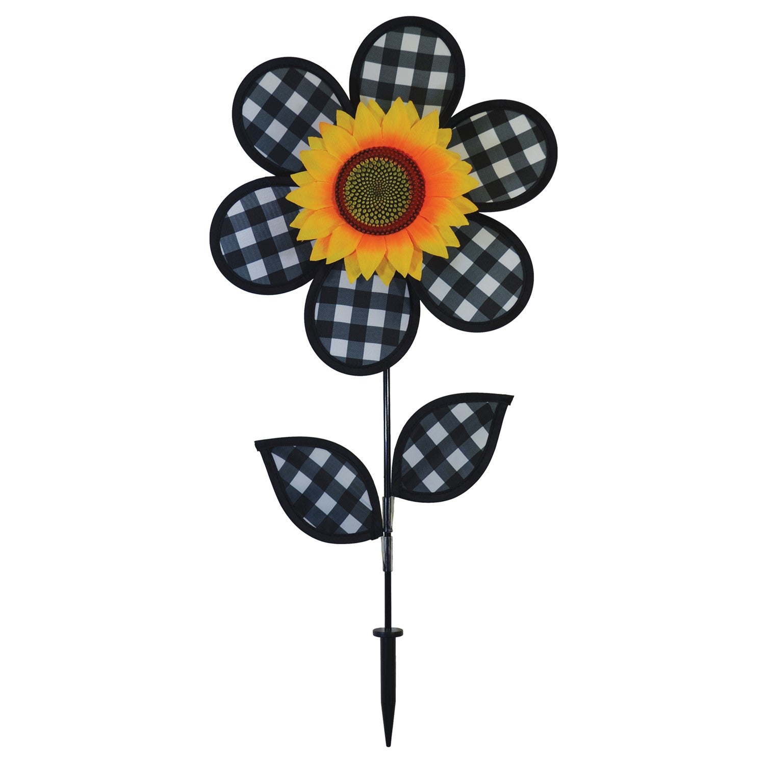 12-inch Gingham Sunflower Ground Spinner with black and white gingham petals and yellow center, spinning in a garden setting on a fiberglass pole.