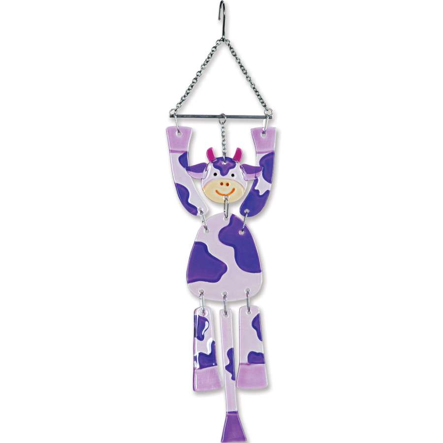 Glass Critter Mobile featuring a colorful cow design, swaying gently in sunlight, perfect for home decor or outdoor settings.