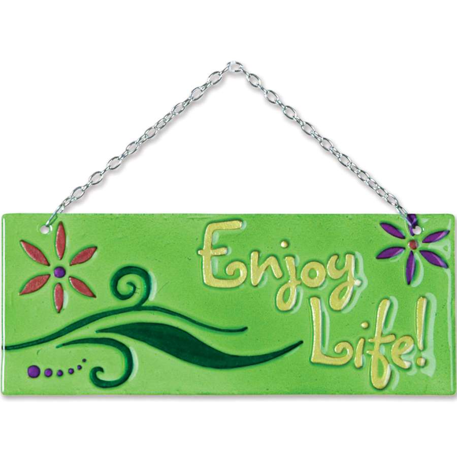 Vibrant Glass Expression - Enjoy Life featuring a sunny color palette, hanging in a bright window, illuminating the surroundings.