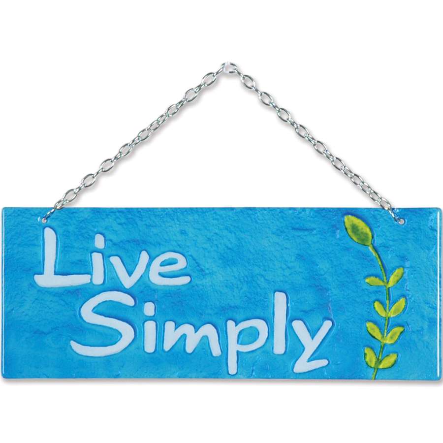 Glass Expression - Live Simply, a colorful 10x10 decorative glass piece, hanging elegantly in a sunlit window, showcasing vibrant hues.
