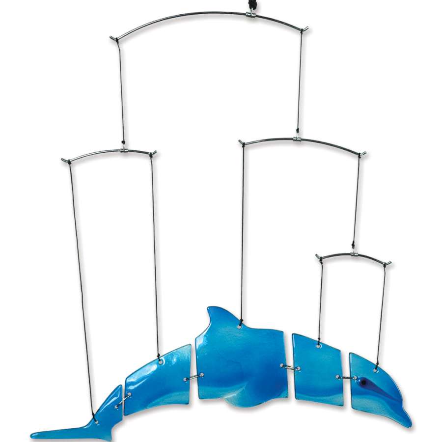 A beautiful 24-inch Glass Fish Mobile featuring a dolphin design, gently swaying in the sunlight, enhancing the outdoor decor.