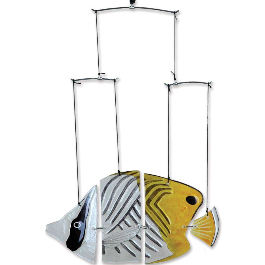 Glass Fish Mobile - Threadfin featuring transparent glass fish hanging in motion, elegantly displayed against a sunny window backdrop.