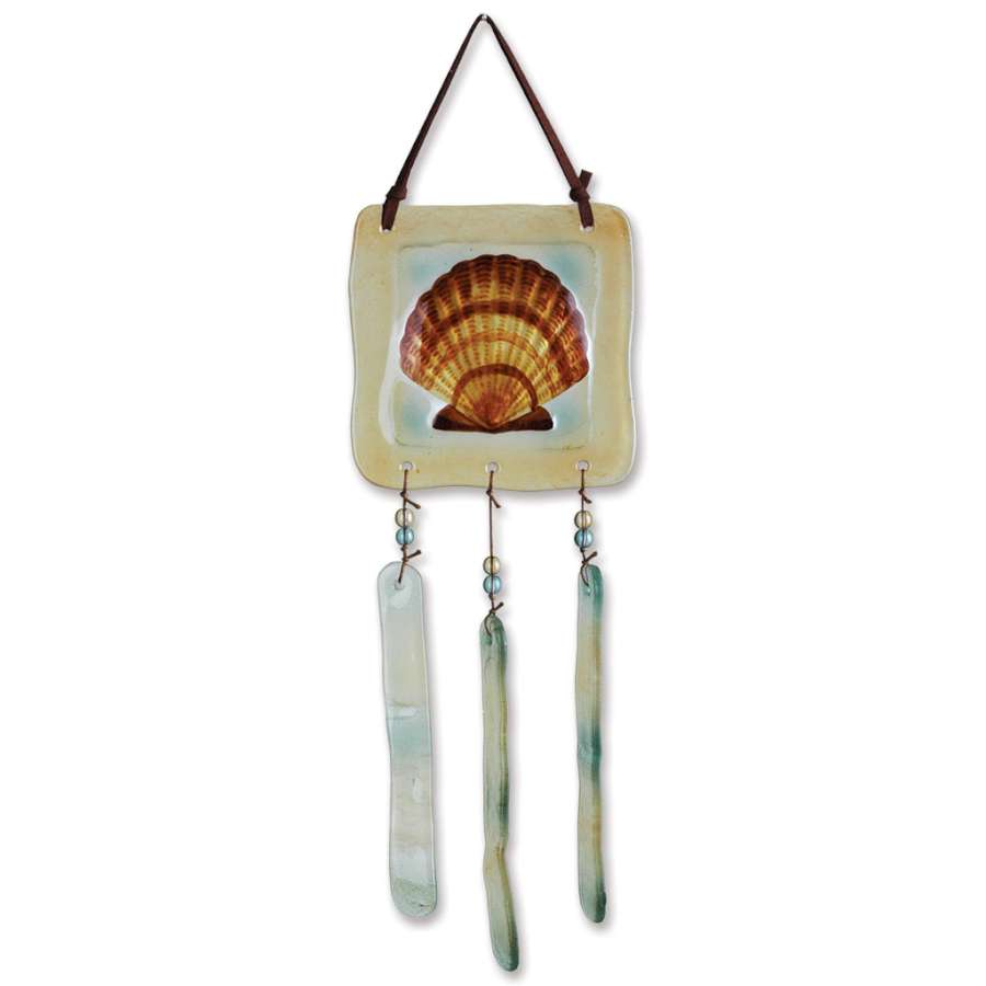 Glass Terra Wind Chime - Scallop with iridescent glass pieces and natural leather strap swaying in a gentle breeze outdoors.
