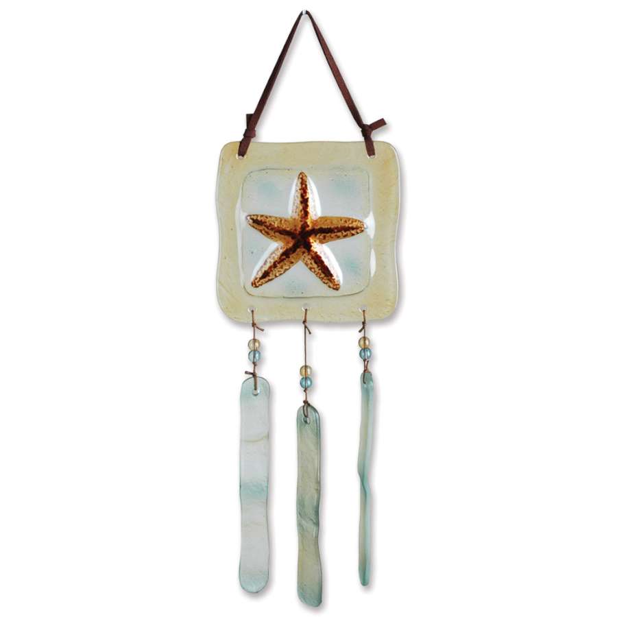 Glass Terra Wind Chime in starfish design, featuring iridescent colors, hanging elegantly by a natural leather strap in a garden setting.