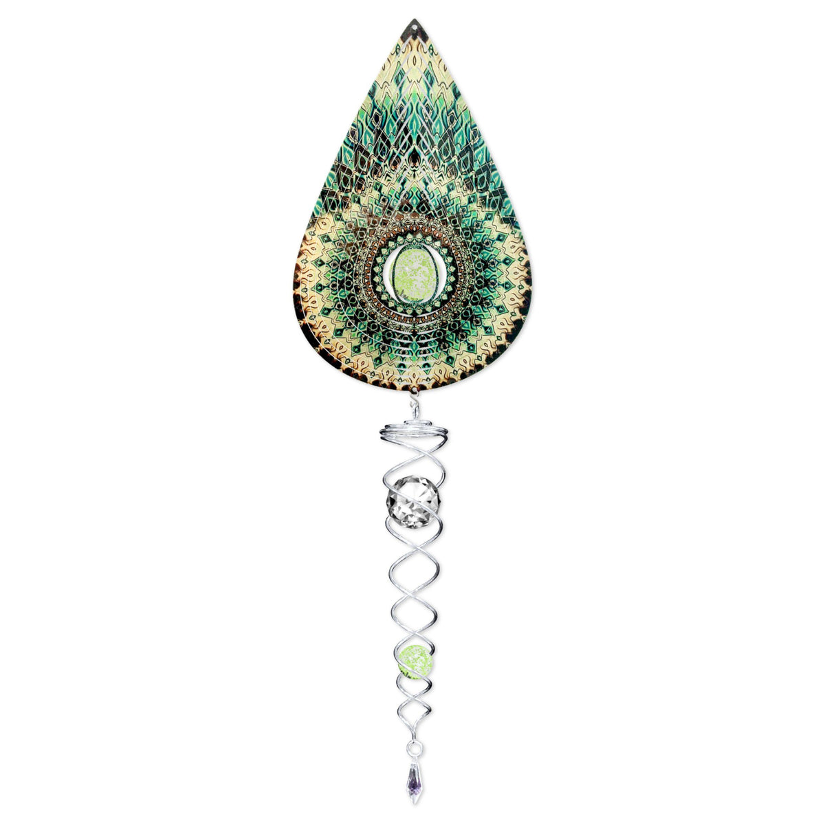 Glow Teardrop Supreme Mini Set featuring a 6.5-inch wind spinner and a 7.5-inch crystal twister, designed with a glow-in-the-dark centerpiece displayed outdoors.