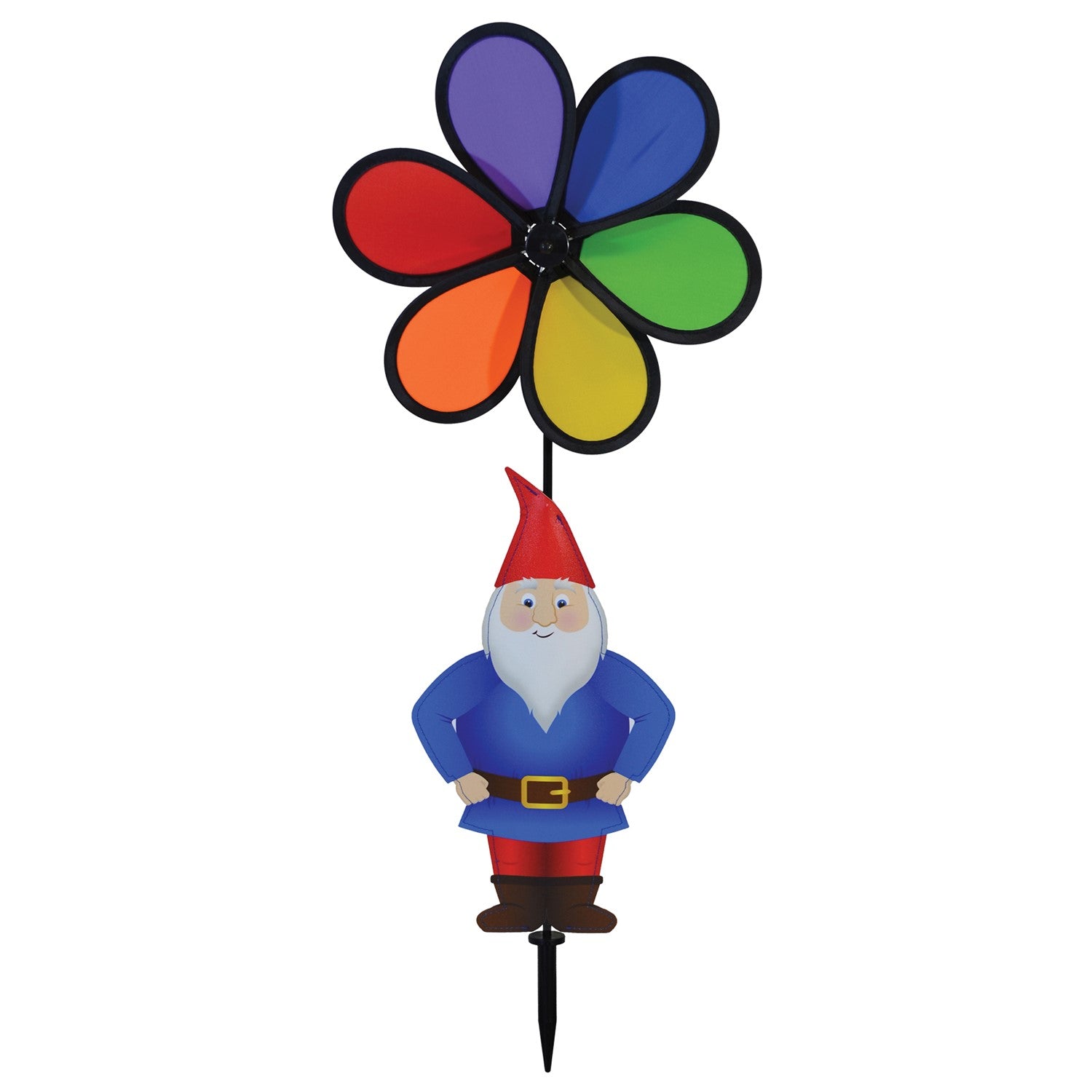 Gnome with 10-inch Rainbow Flower Spinner, featuring a whimsical design to brighten gardens, displayed outdoors with colorful motion in the breeze.