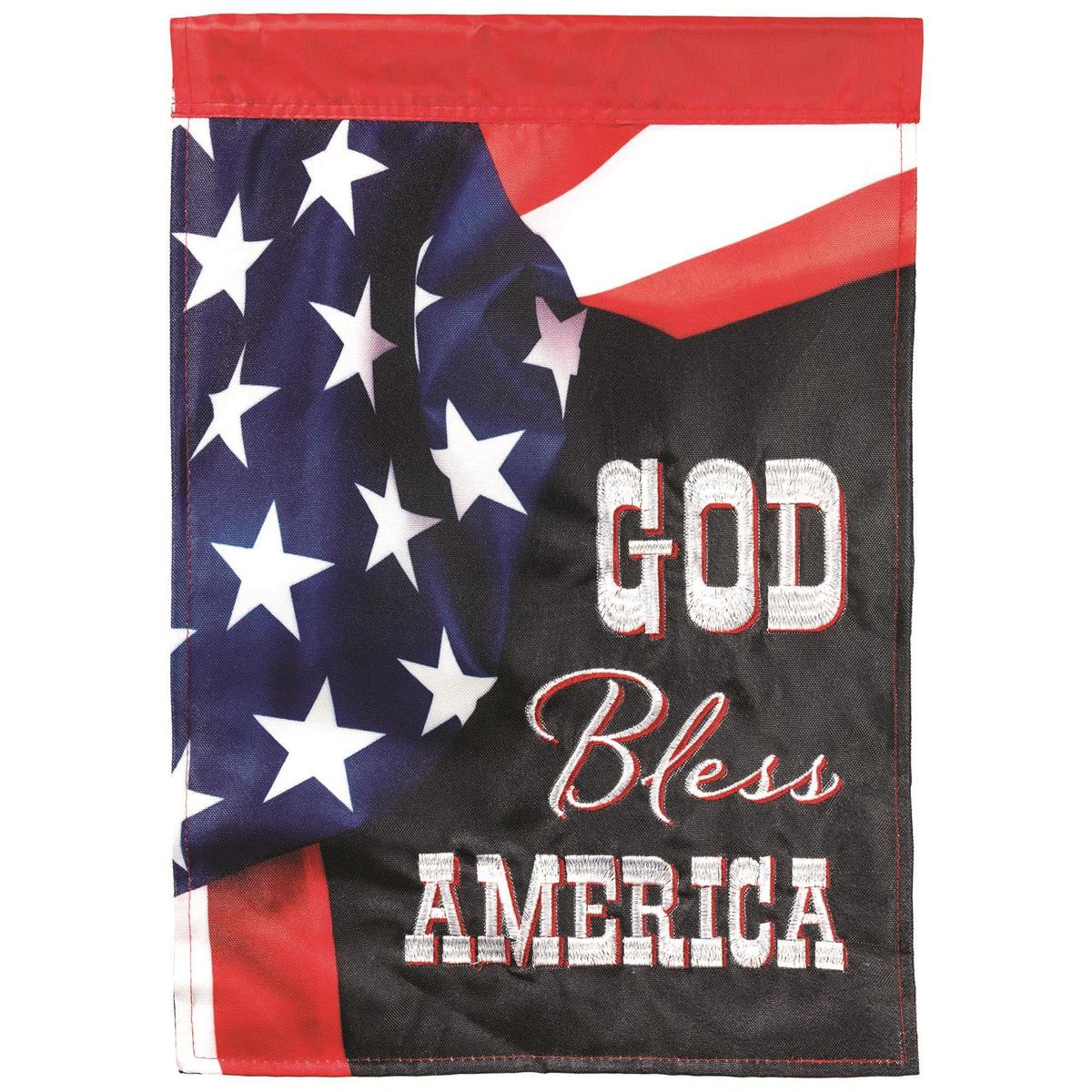God Bless America garden flag measuring 13x18 inches, featuring intricate embroidery and fabric appliques, displayed outdoors with vibrant colors.