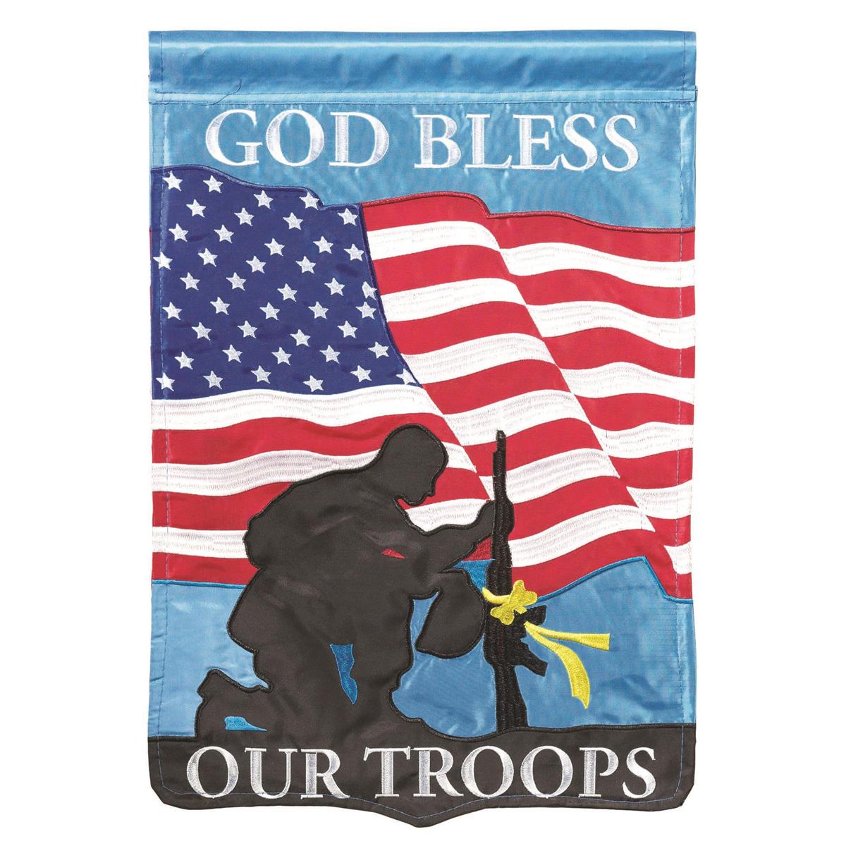 God Bless Our Troops banner flag, 29x42 inches, featuring double-sided designs of fabric appliques and embroidery, displayed outdoors.