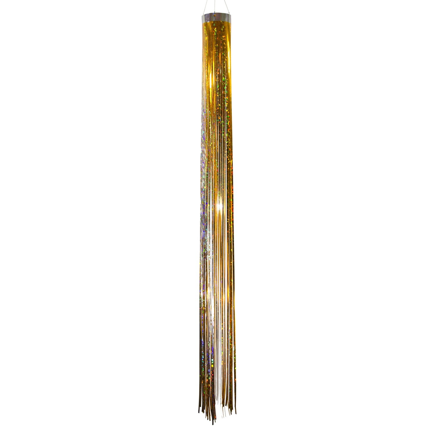 Gold 51-inch Mylar Windsock fluttering in the breeze, showcasing vibrant holographic colors against a clear sky, ideal for garden decorations.