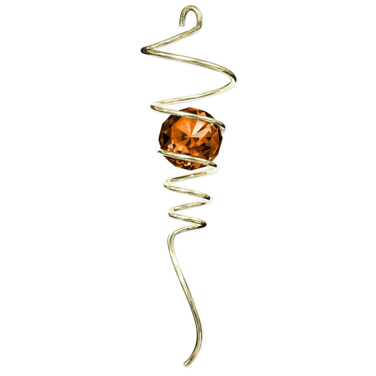 Gold Amber Tail decorative spiral with sparkling crystal accents displayed in a garden setting, reflecting sunlight beautifully.
