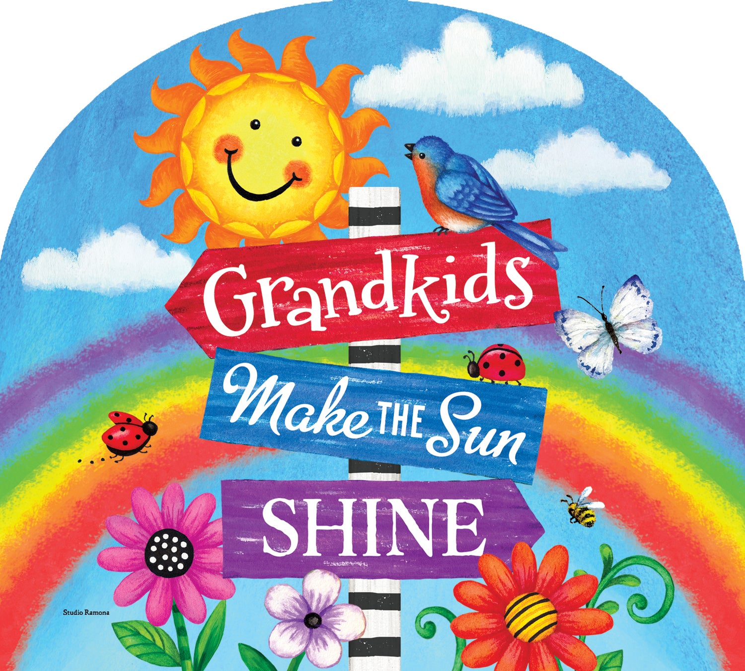Grandkids-Arbor Mate decorative panel in a vibrant design, measuring 9.25 x 7.5 inches, displayed in an outdoor garden setting on an Arbor Mate holder.