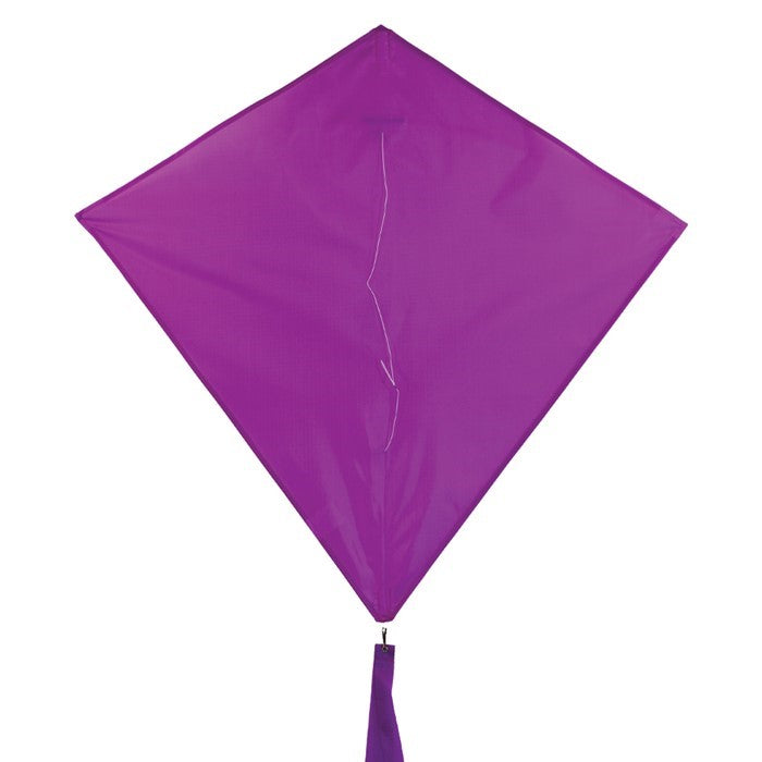 Grape Colorfly 30-inch diamond kite soaring in the sky against a blue backdrop, showcasing its vibrant grape color and stability.