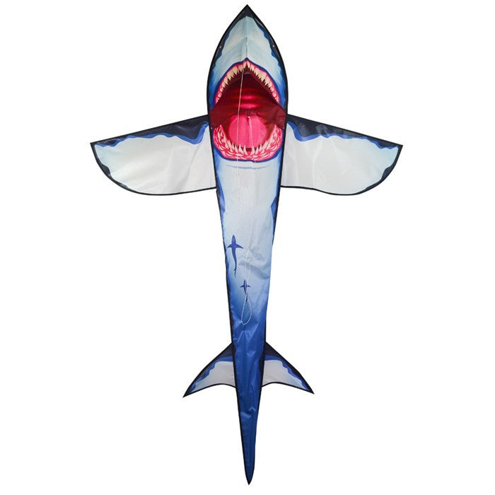 A vibrant 7.5' Great White 3D Shark Kite soaring in a blue sky, showcasing its detailed design and realistic movement, perfect for outdoor fun.