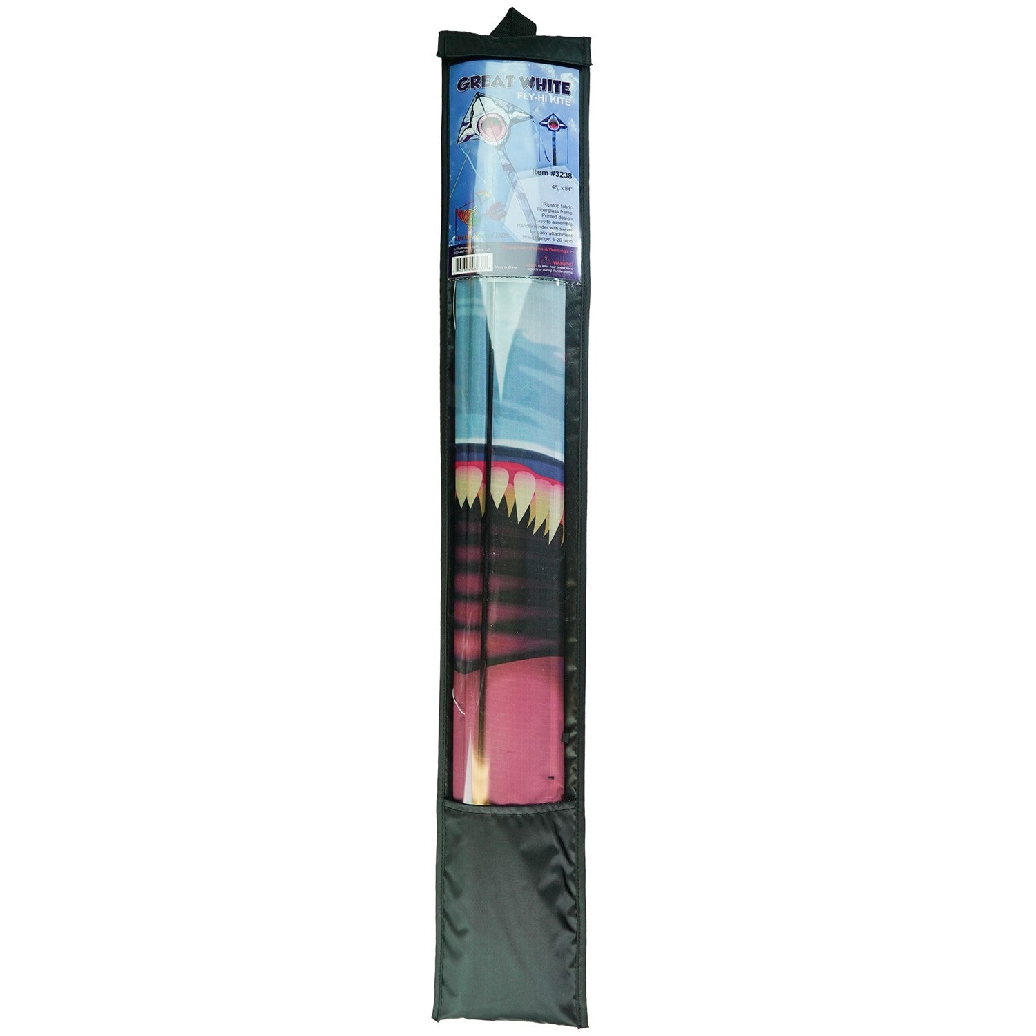 Great White 45' Fly-Hi Kite with a vibrant shark design flying against a blue sky, perfect for outdoor family fun and novice fliers.