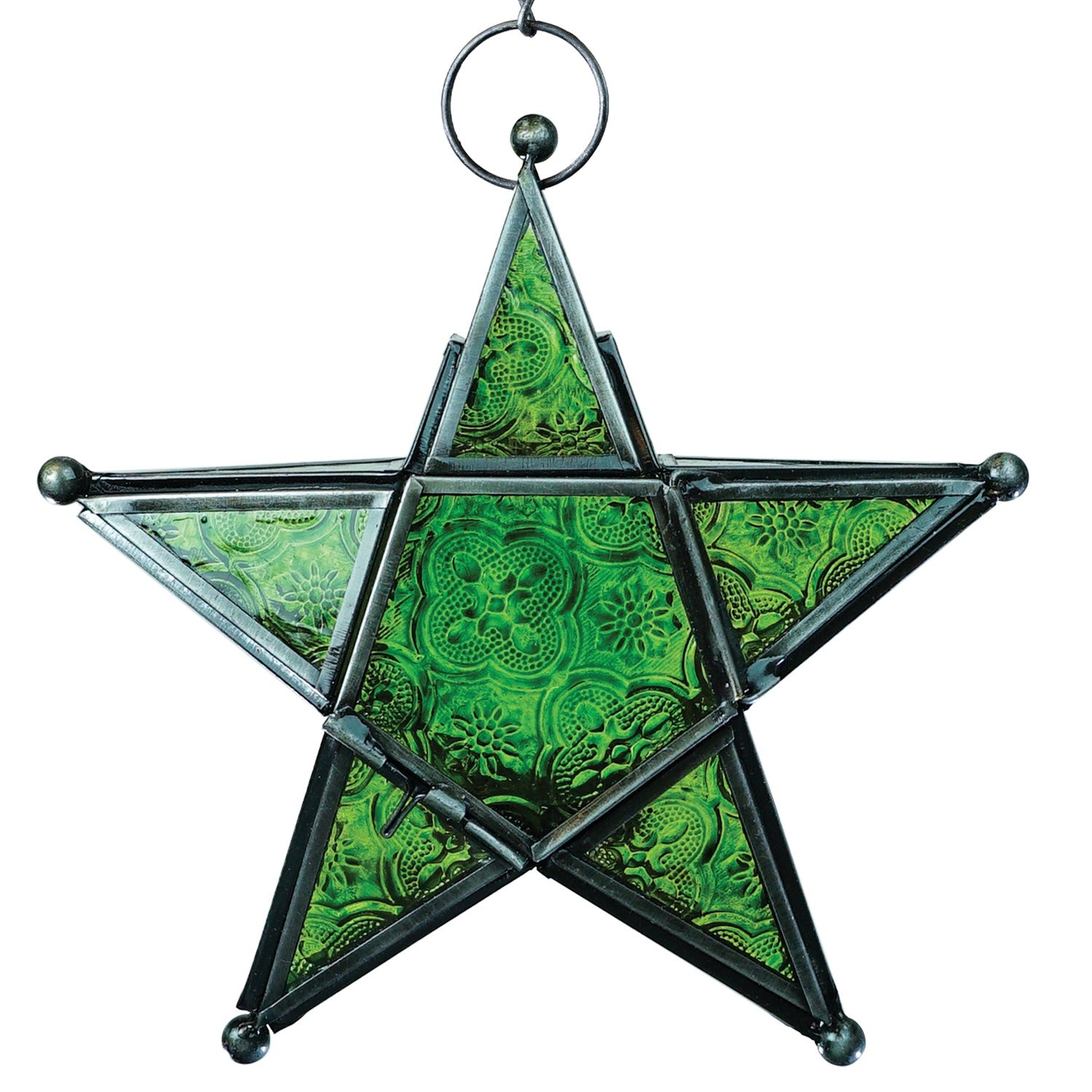 Green 5-Point Star Hanging Tealight Lantern, showcasing textured glass panels and a metal frame, suspended outdoors illuminating the night.