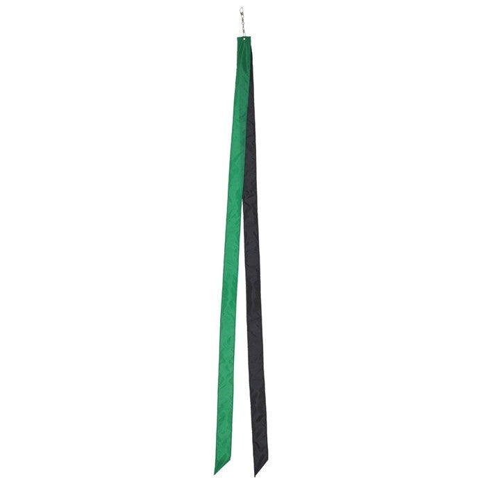 Green and black 60-inch tails fluttering in the wind, attached to a colorful kite against a clear blue sky, perfect for kite enthusiasts.