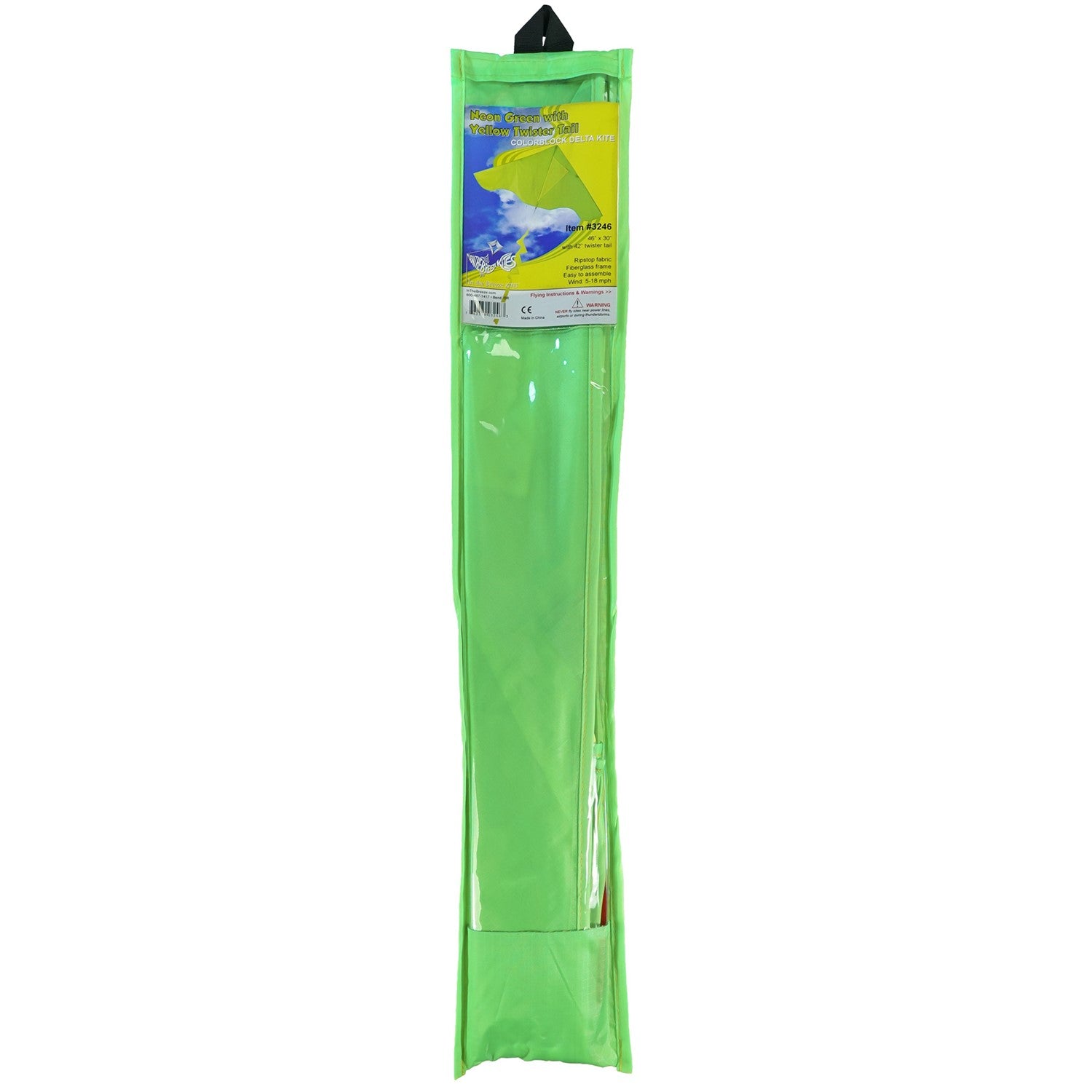 Green Colorblock Delta Kite with Yellow Twister Tail soaring in a clear blue sky during a sunny day, showcasing its vibrant colors.