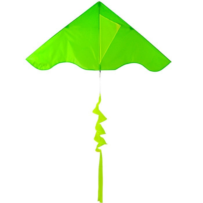 Green Colorblock Delta Kite with Yellow Twister Tail soaring in a clear blue sky during a sunny day, showcasing its vibrant colors.