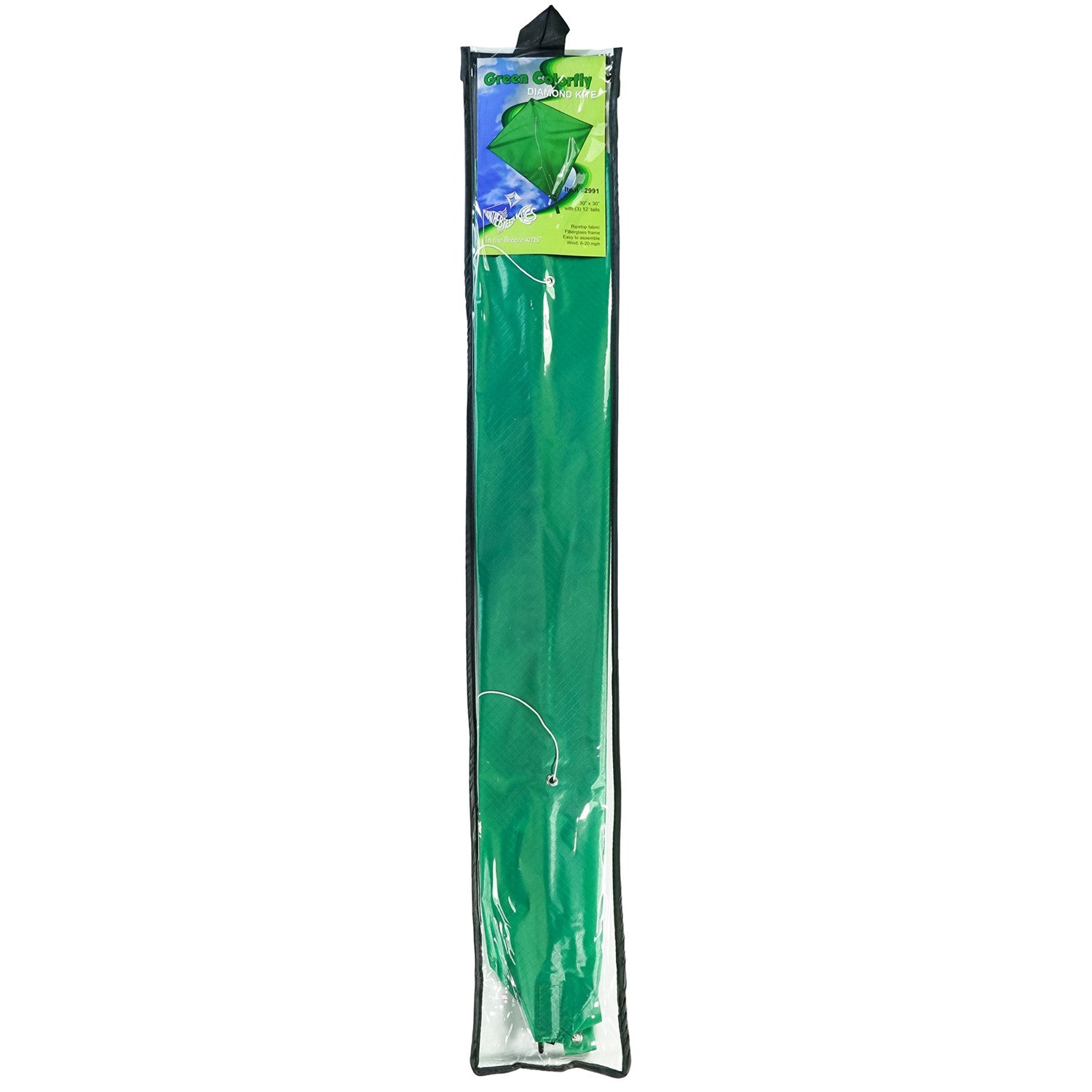 Green Colorfly 30-inch Diamond Kite with three color-coordinated tails soaring against a blue sky, perfect for outdoor family enjoyment.