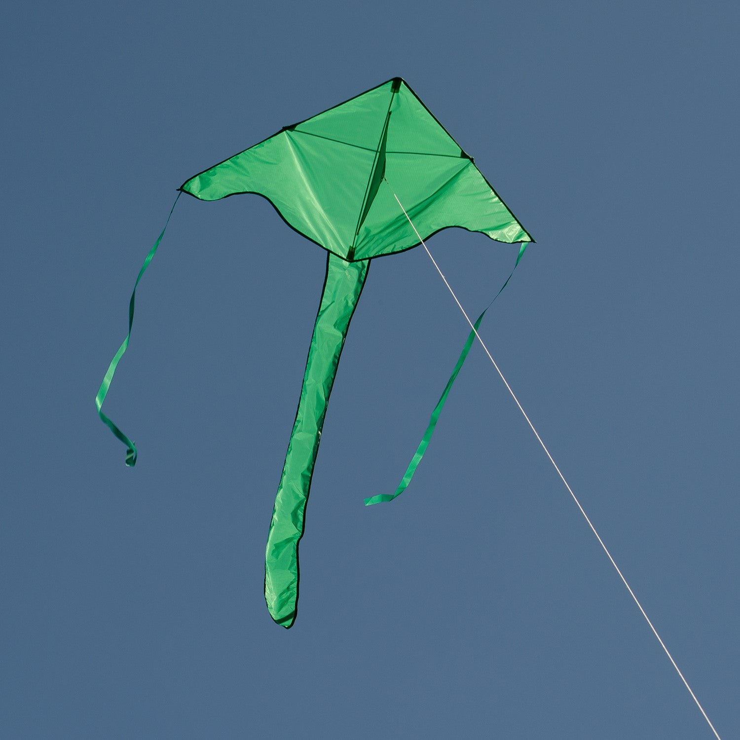 The Green Colorfly 43" Fly-Hi Kite features a bright green design and stable construction, soaring high gracefully, ideal for novice kite enthusiasts and outdoor adventures.