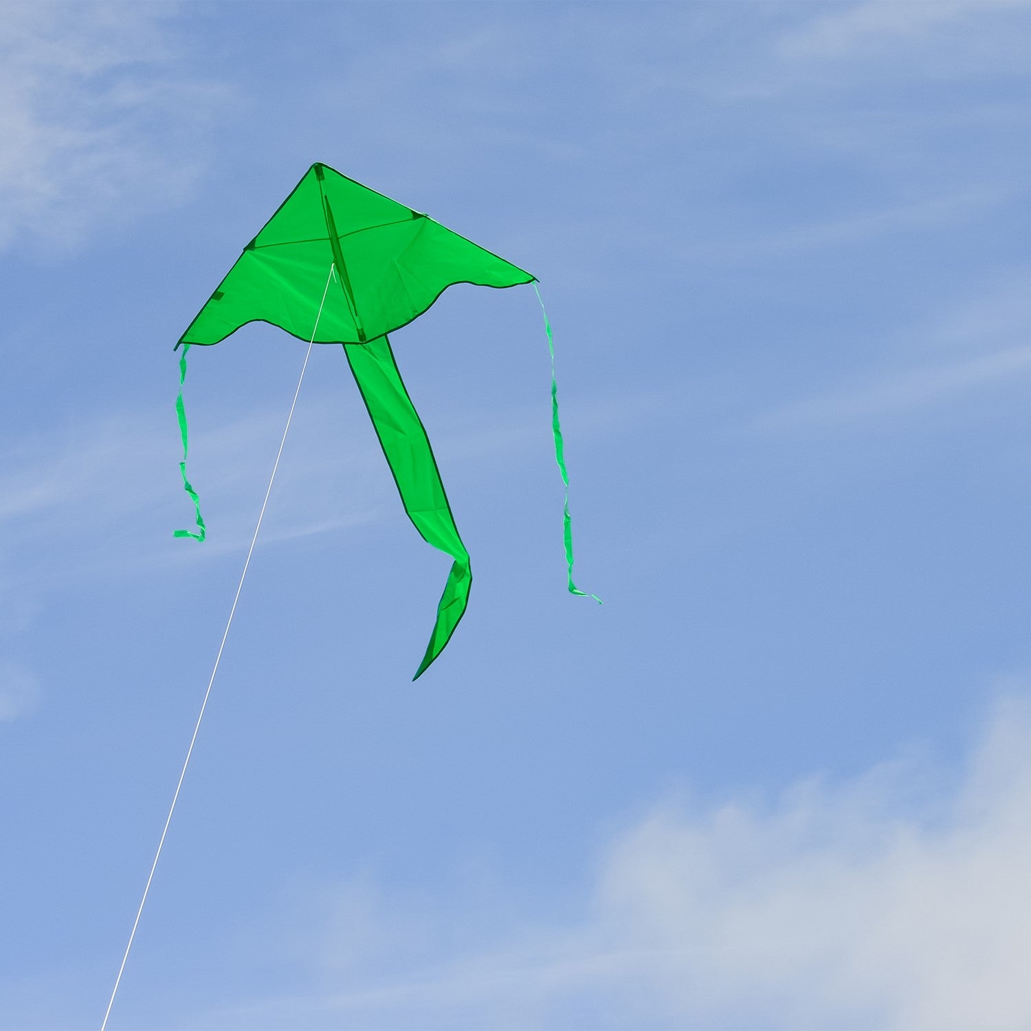 The Green Colorfly 43" Fly-Hi Kite features a bright green design and stable construction, soaring high gracefully, ideal for novice kite enthusiasts and outdoor adventures.