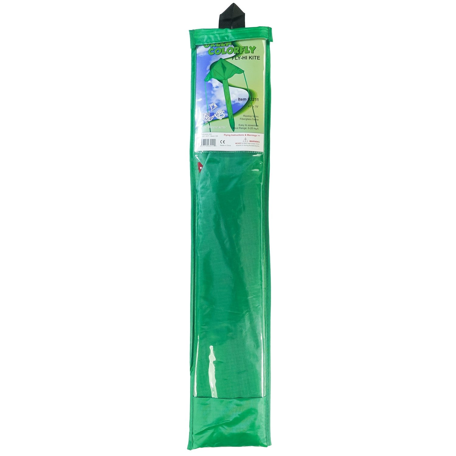 The Green Colorfly 43" Fly-Hi Kite features a bright green design and stable construction, soaring high gracefully, ideal for novice kite enthusiasts and outdoor adventures.