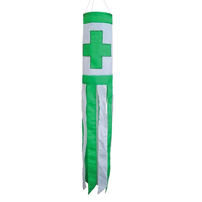 A Green Cross 40" Windsock adorned with an applique design, featuring fluttering tails in an outdoor setting, ideal for health and wellness.