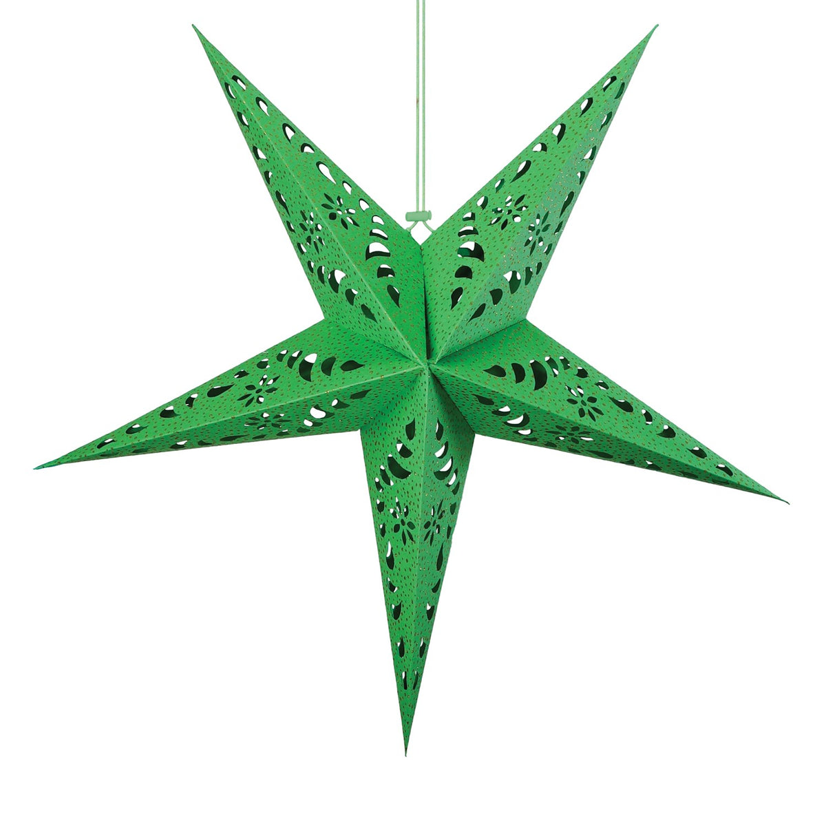 Green Paper Star Lantern with intricate cutouts and gold accents hanging indoors, designed for soft, ambient lighting and decorative appeal.