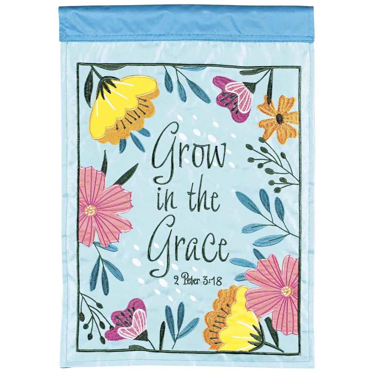 Grow In The Grace large banner flag measuring 29x42 inches, featuring double-sided beautiful appliques and embroidery displayed on a garden pole.