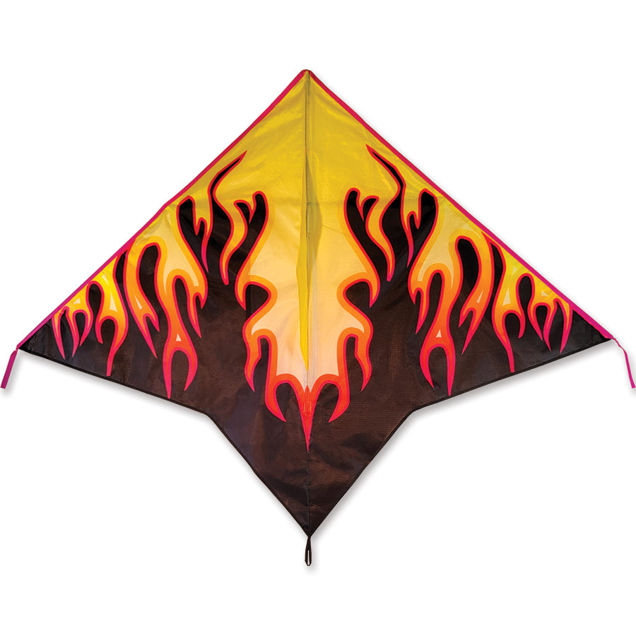 Gyro Delta Kite in Flames flying high against a blue sky with a colorful spinning windsock dancing in the breeze.