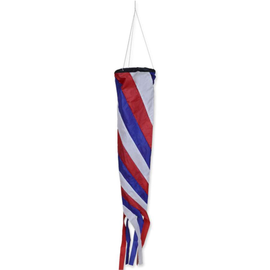Gyro Delta Kite in patriotic colors flying in the sky accompanied by a colorful spinning windsock, measuring 58x44 inches.