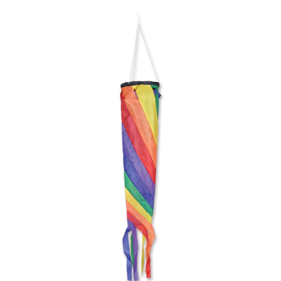 Gyro Delta Kite - Rainbow soaring high in the sky with colorful stripes, accompanied by a spinning windsock in an outdoor setting.