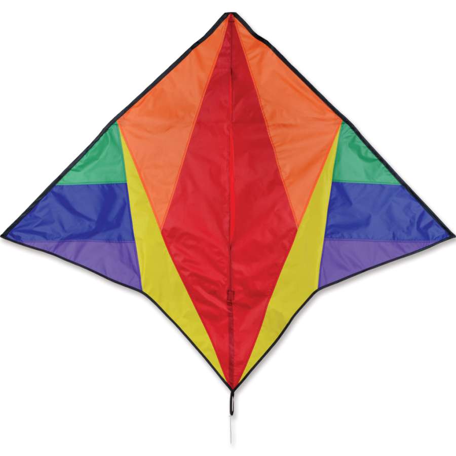 Gyro Delta Kite - Rainbow soaring high in the sky with colorful stripes, accompanied by a spinning windsock in an outdoor setting.