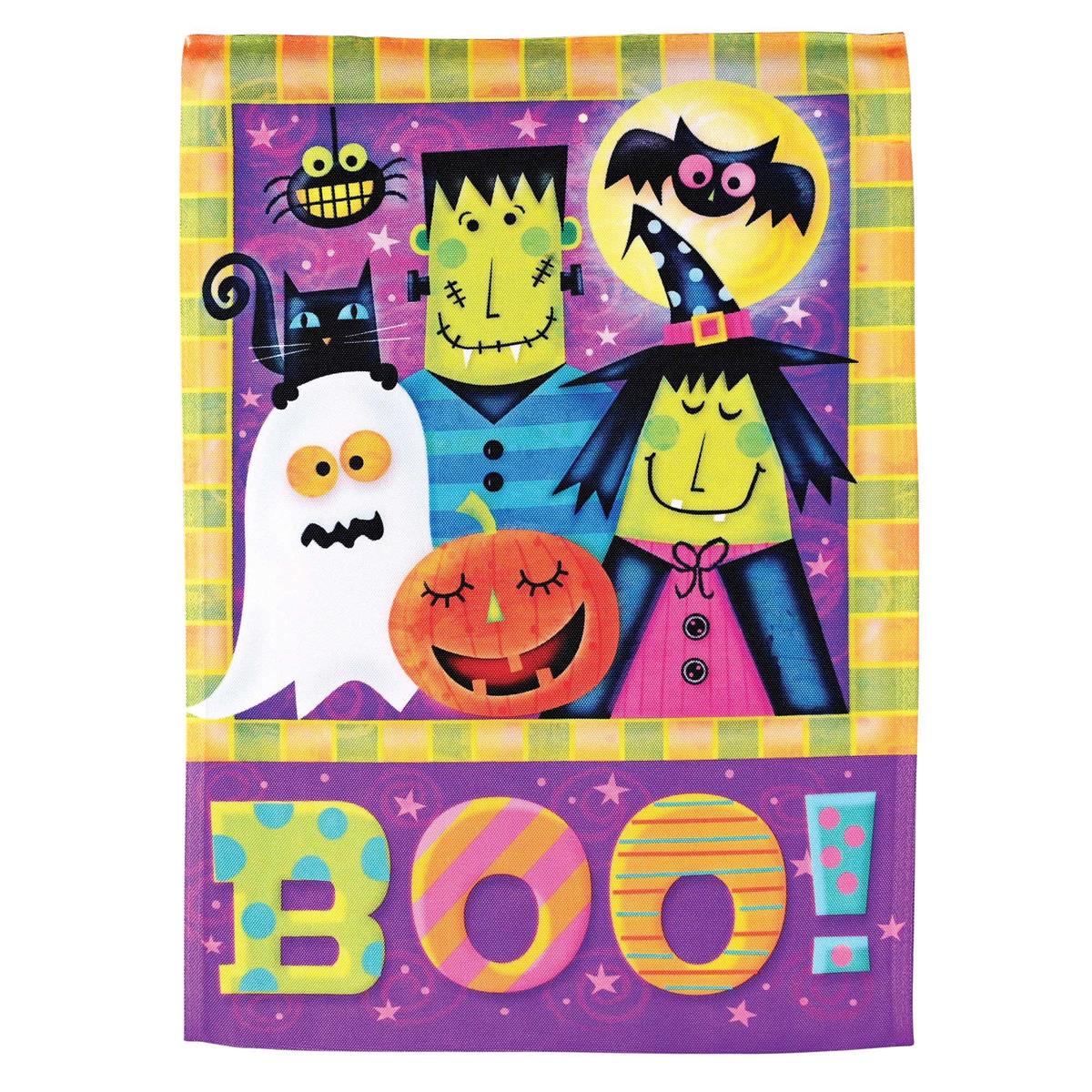 Halloween Boo! garden flag measuring 13x18 inches featuring colorful Halloween designs, displayed in a garden setting with festive decor.