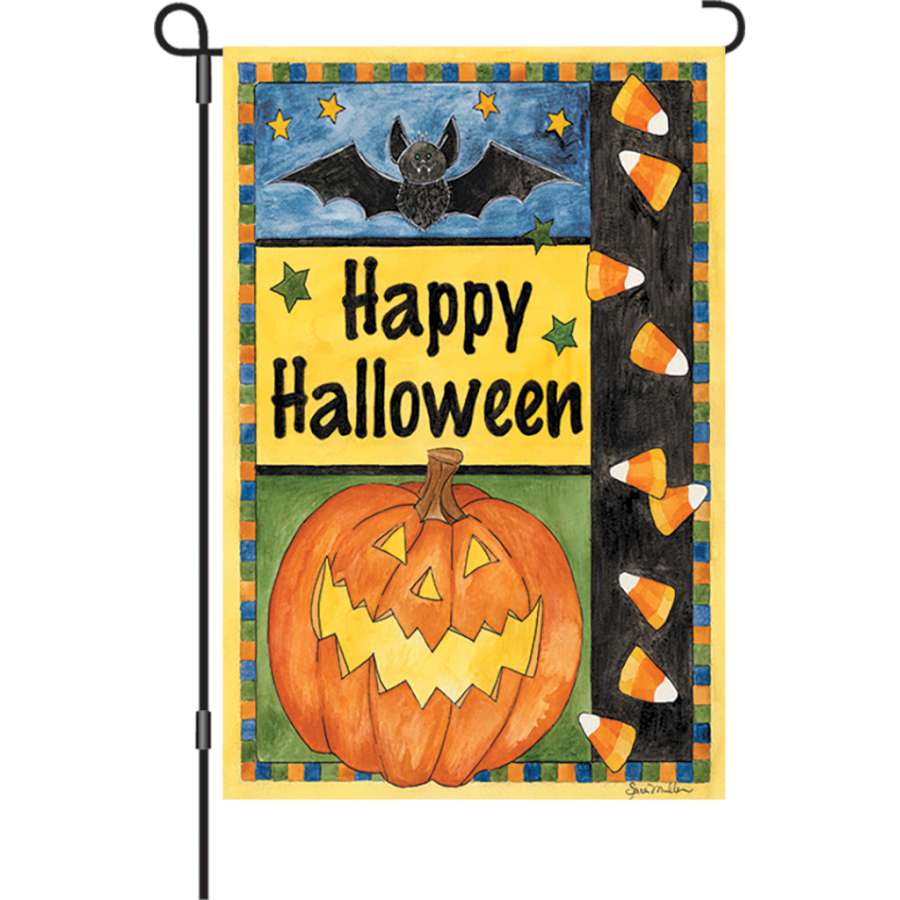 12 in. Halloween Smiles garden flag featuring 'Happy Halloween' message and colorful graphics, displayed outdoors in a festive setting.