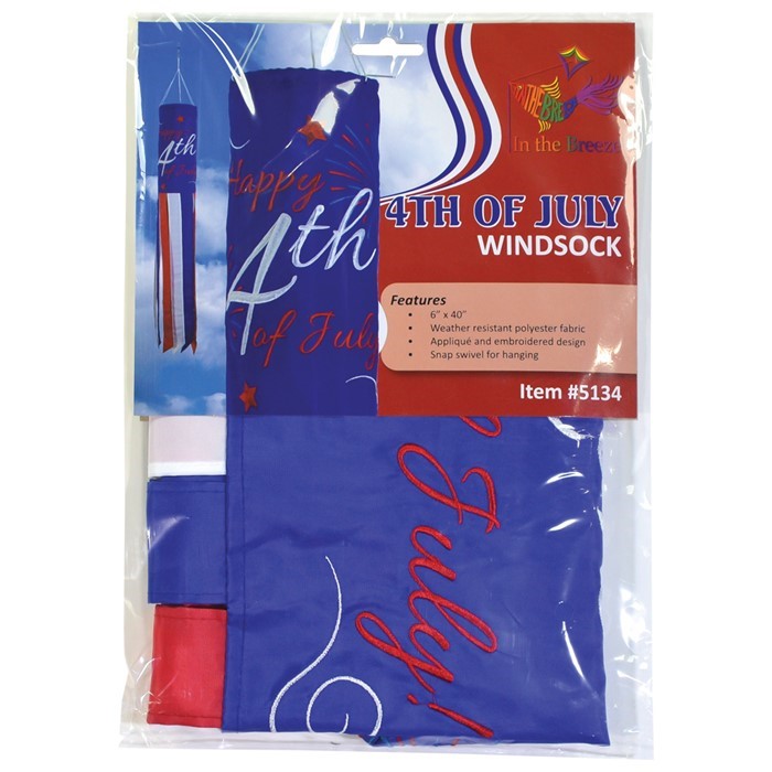 Happy 4th of July 40" Windsock featuring bright red, white, and blue colors, with embroidered details and fluttering tails, hanging outdoors.