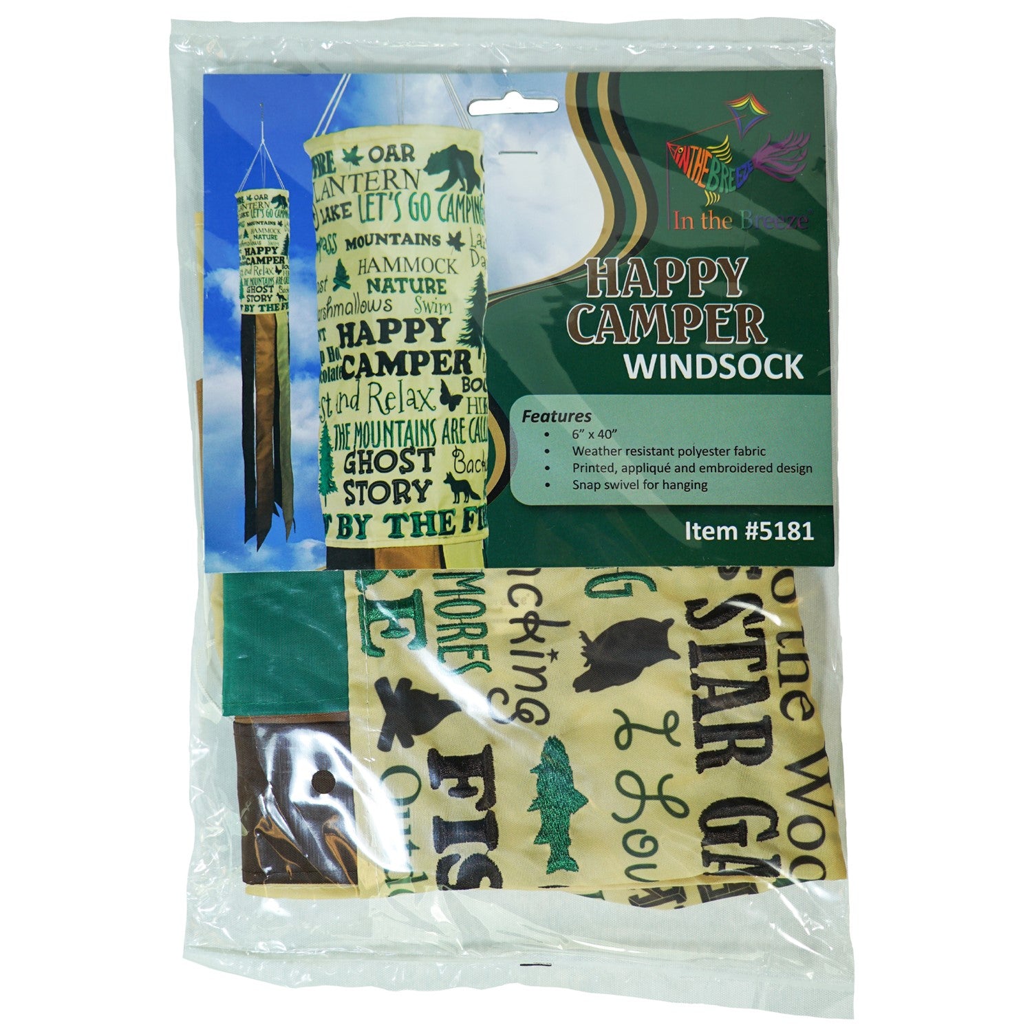 Happy Camper windsock featuring vibrant colors and detailed graphics, perfect for hanging outdoors in a garden or campsite setting to celebrate camping adventures.