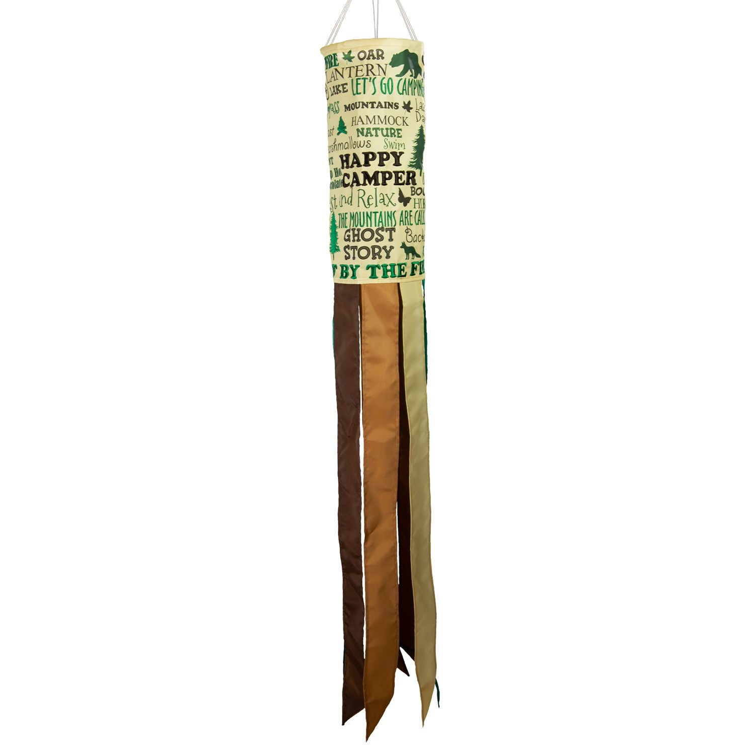 Happy Camper windsock featuring vibrant colors and detailed graphics, perfect for hanging outdoors in a garden or campsite setting to celebrate camping adventures.