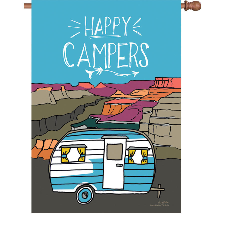 28 in. Happy Campers flag made with PremierSoft fabric, featuring bright colors and a double-sided design, displayed in backyard setting.
