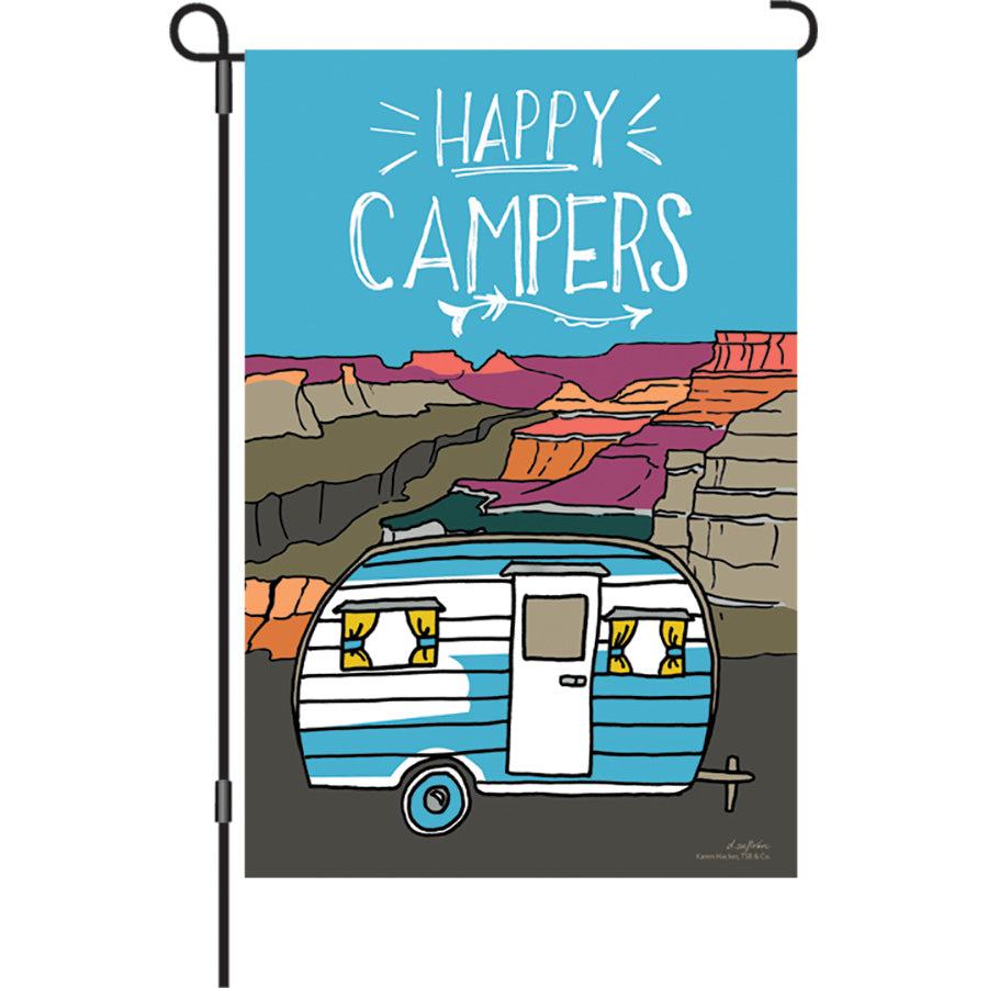Happy Campers garden flag measuring 12 inches, made of velvety soft PremierSoft(TM) fabric, featuring colorful text and designs encouraging outdoor adventures.